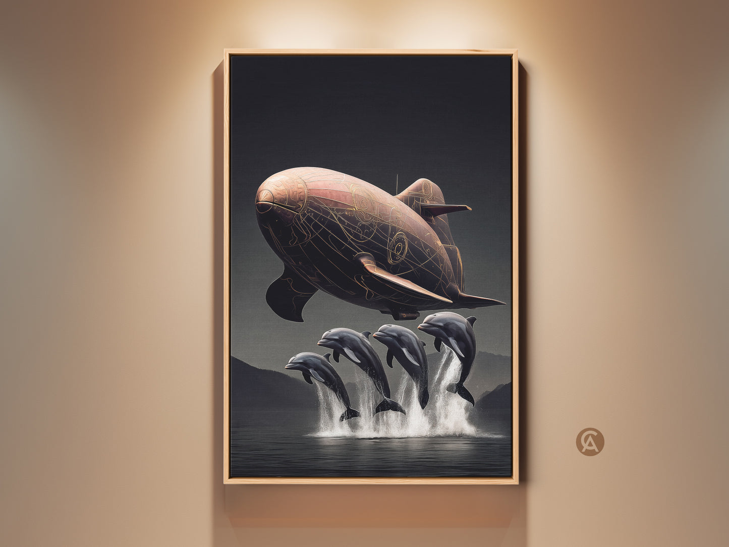 Steampunk airship and dolphin art print is framed in natural wood color. This surreal fantasy artwork features copper brown tones. It's an eclectic home decor piece adding adventure to any room Perfect gift for travelers dreamers