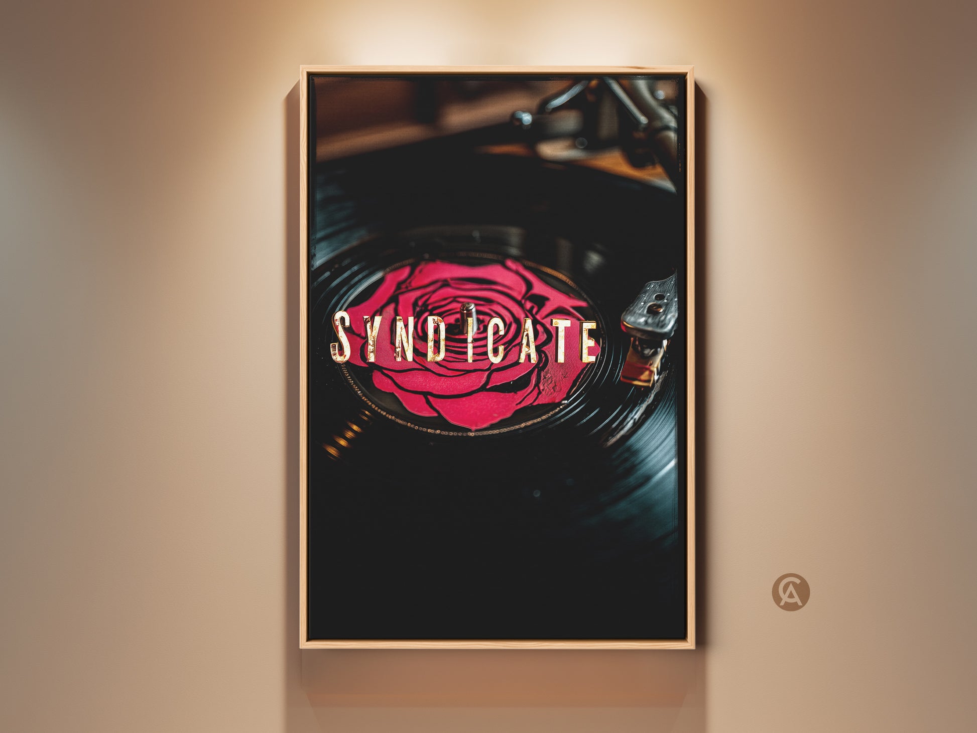 Framed Syndicate Red Rose Vinyl Record Artwork. Retro music wall decor in black red and gold tones. Perfect eclectic bedroom art or home office wall art. Unique gift for record collectors.