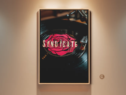 Framed Syndicate Red Rose Vinyl Record Artwork. Retro music wall decor in black red and gold tones. Perfect eclectic bedroom art or home office wall art. Unique gift for record collectors.