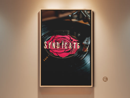Framed Syndicate Red Rose Vinyl Record Artwork. Retro music wall decor in black red and gold tones. Perfect eclectic bedroom art or home office wall art. Unique gift for record collectors.