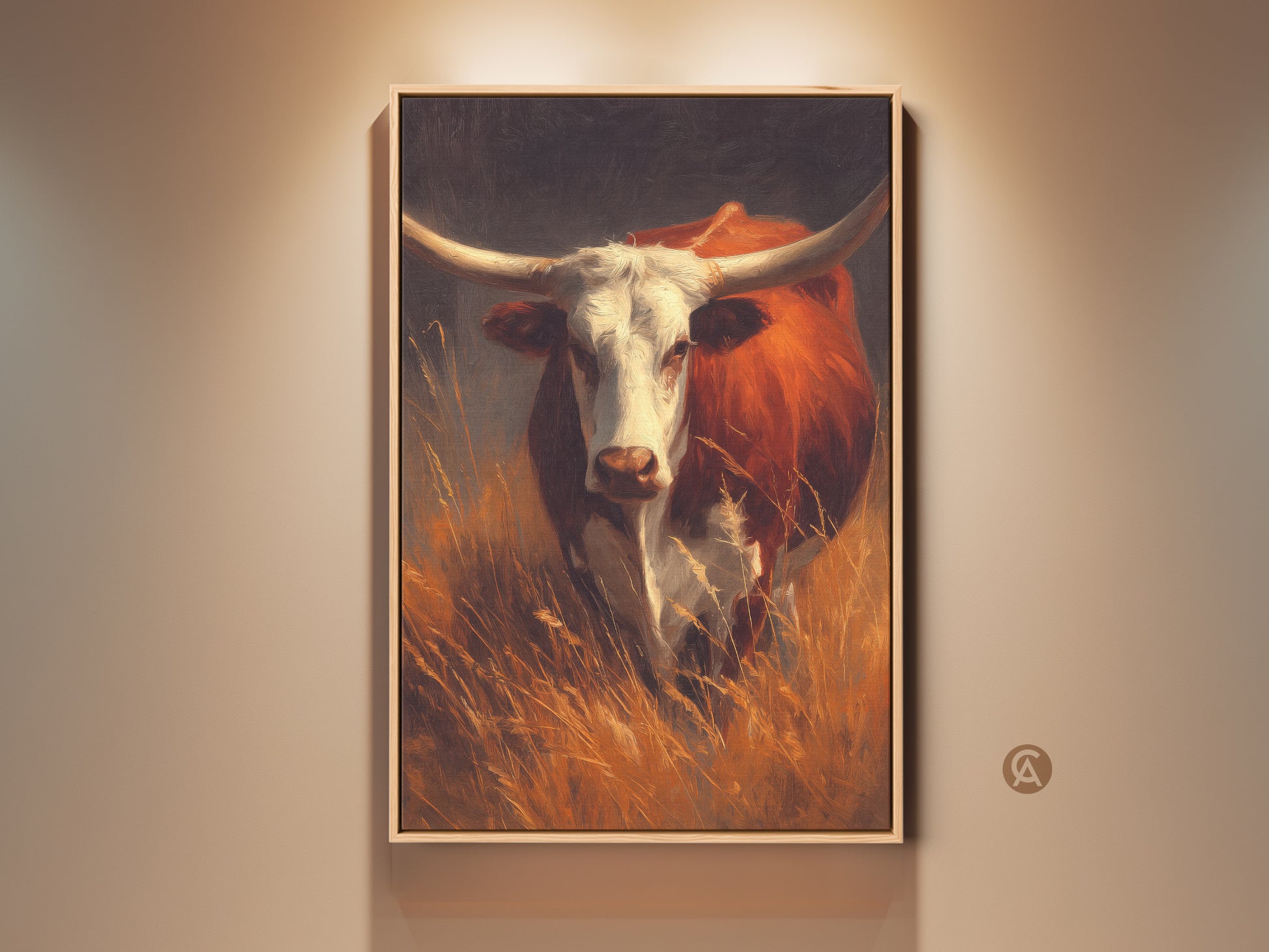 Framed longhorn bull art in a room. The artwork captures the animal in a field. The floating frame enhances the wall art. Shop canvas prints and framed art for your home.
