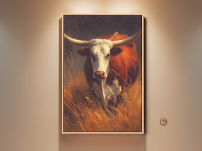 Framed longhorn bull art in a room. The artwork captures the animal in a field. The floating frame enhances the wall art. Shop canvas prints and framed art for your home.