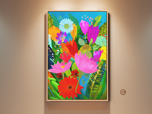 Framed Boho botanical art print in a room setting. This abstract floral wall art features colorful flowers on canvas. The modern folk style adds charm. A perfect gift for plant lovers. This artwork enhances any space with vibrant nature-inspired beauty.