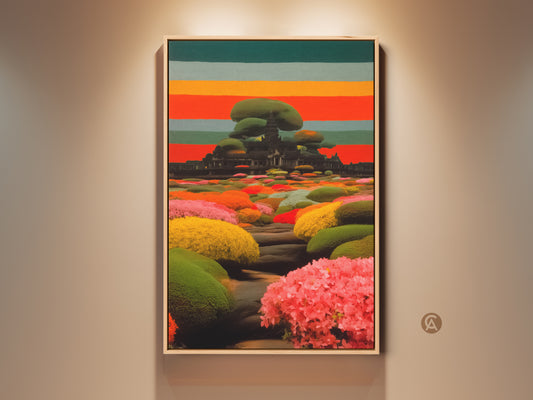 Eclectic Angkor Wat Temple Canvas Print with vibrant orange red and green stripes makes a travel themed statement. This Abstract Landscape is unique home decor for art lovers. Perfect as a housewarming gift this modern artwork brings worldly charm to any room. It is vibrant temple artwork with red orange and green stripes