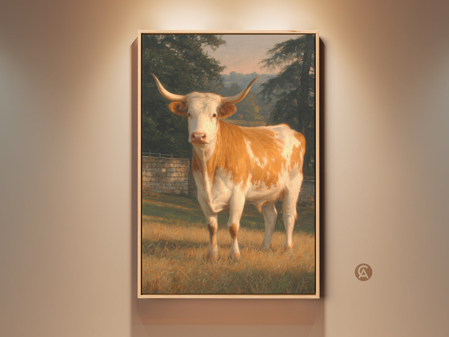 Framed artwork featuring a longhorn cow in a pastoral setting. The painting captures the cow's strong presence. The artwork is framed in a natural wood tone. This piece brings rustic charm to any space. Perfect for lovers of farm animal art and classic paintings.