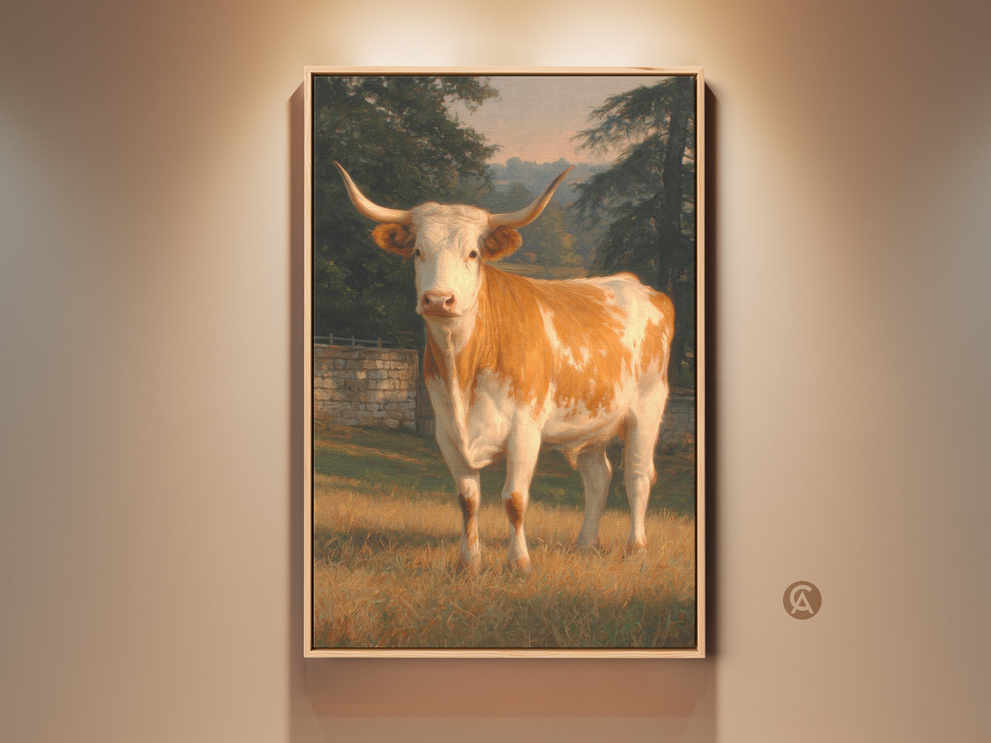 Framed artwork featuring a longhorn cow in a pastoral setting. The painting captures the cow's strong presence. The artwork is framed in a natural wood tone. This piece brings rustic charm to any space. Perfect for lovers of farm animal art and classic paintings.