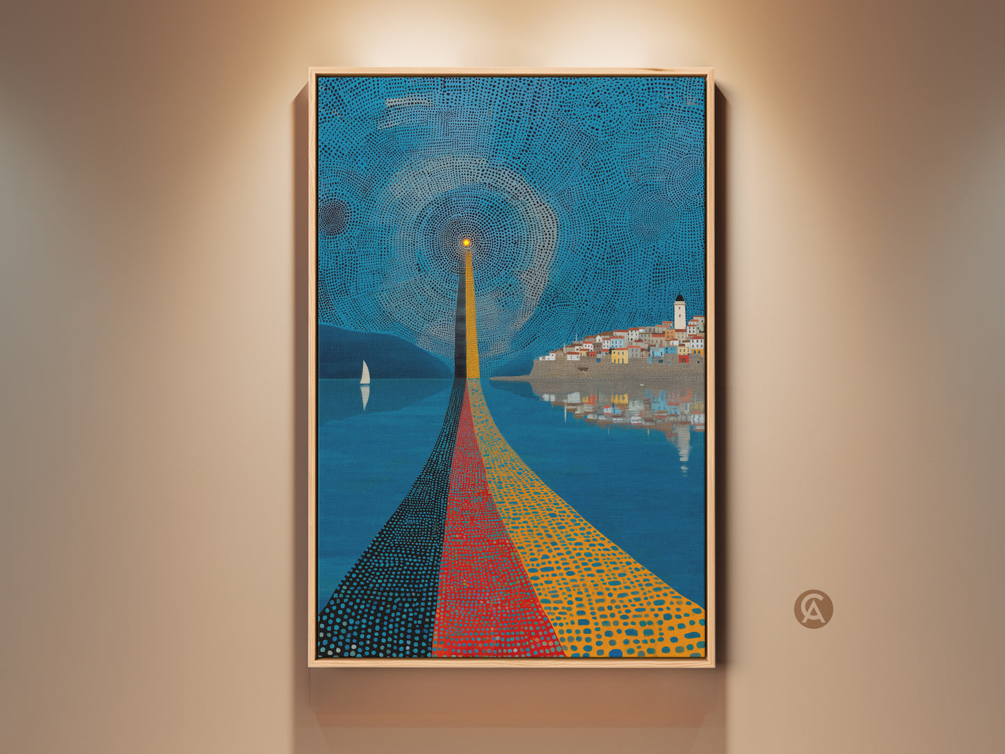 Framed coastal lighthouse art print. Abstract pointillism artwork shows a blue yellow and red seaside town. A sailboat glides on the water. This art piece offers eclectic home decor and a touch of wanderlust. Perfect entry hall wall decor.