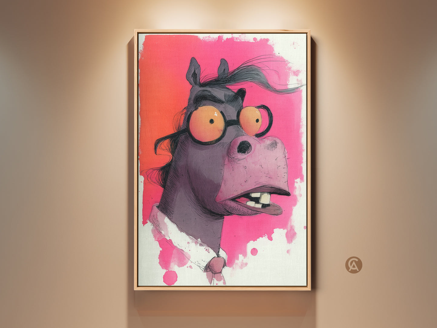 Framed humorous horse with glasses art print. It's vibrant fuchsia and orange wall art. This quirky animal portrait adds personality to eclectic office decor. A perfect gift for animal lovers.