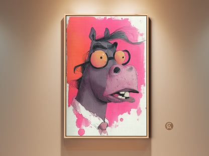 Framed humorous horse with glasses art print. It's vibrant fuchsia and orange wall art. This quirky animal portrait adds personality to eclectic office decor. A perfect gift for animal lovers.