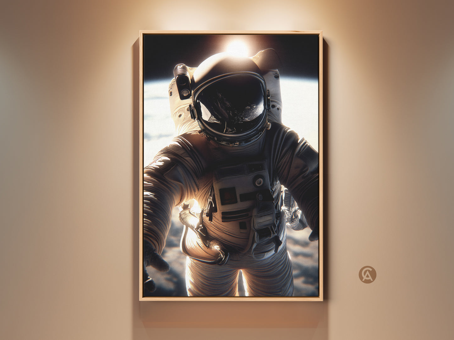 Photorealistic astronaut canvas print. The astronaut is in a white space suit. A golden Earth view is in the background. This cinematic space exploration art adds adventure to any modern office or bedroom.