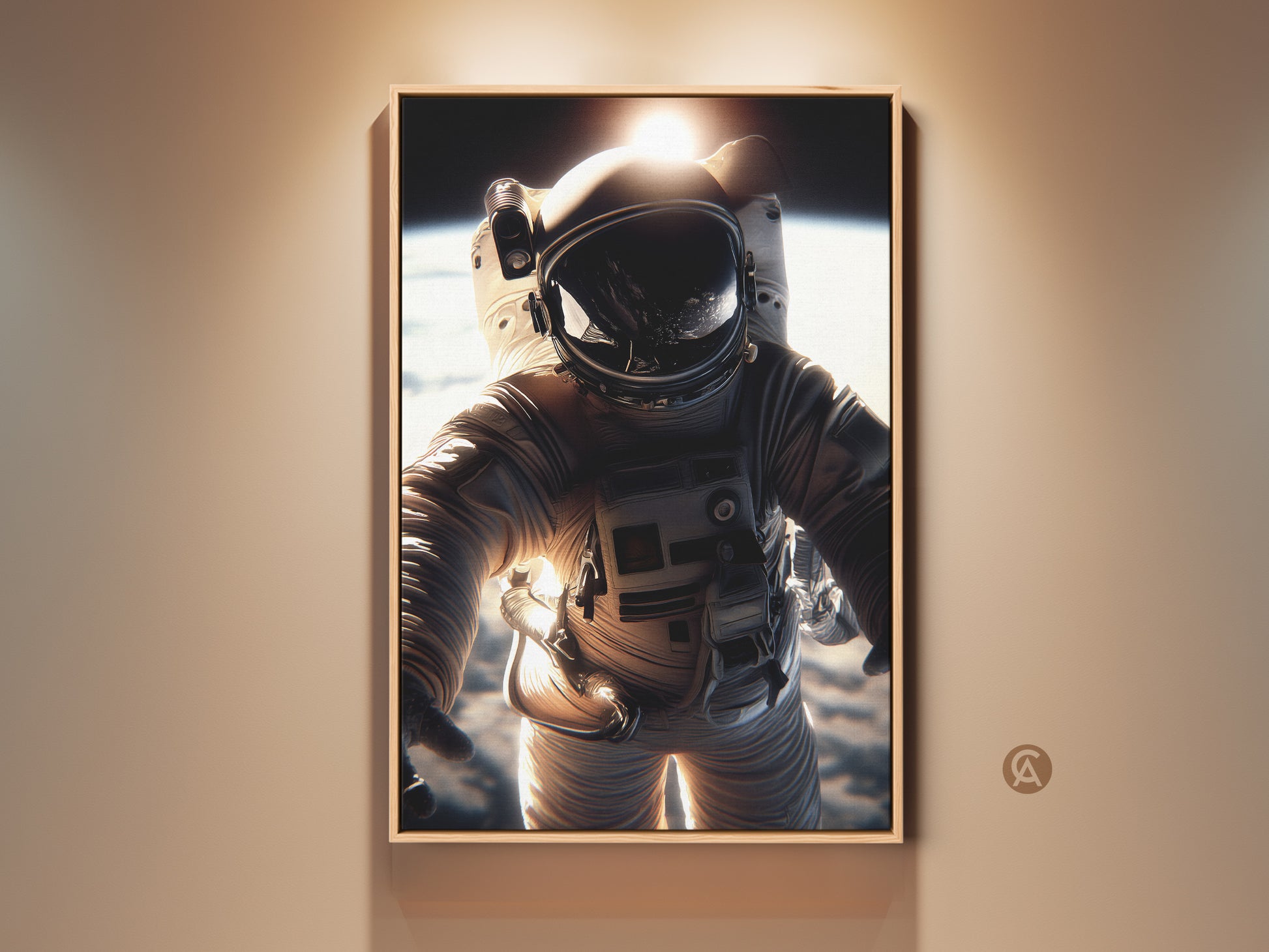 Photorealistic astronaut canvas print. The astronaut is in a white space suit. A golden Earth view is in the background. This cinematic space exploration art adds adventure to any modern office or bedroom.
