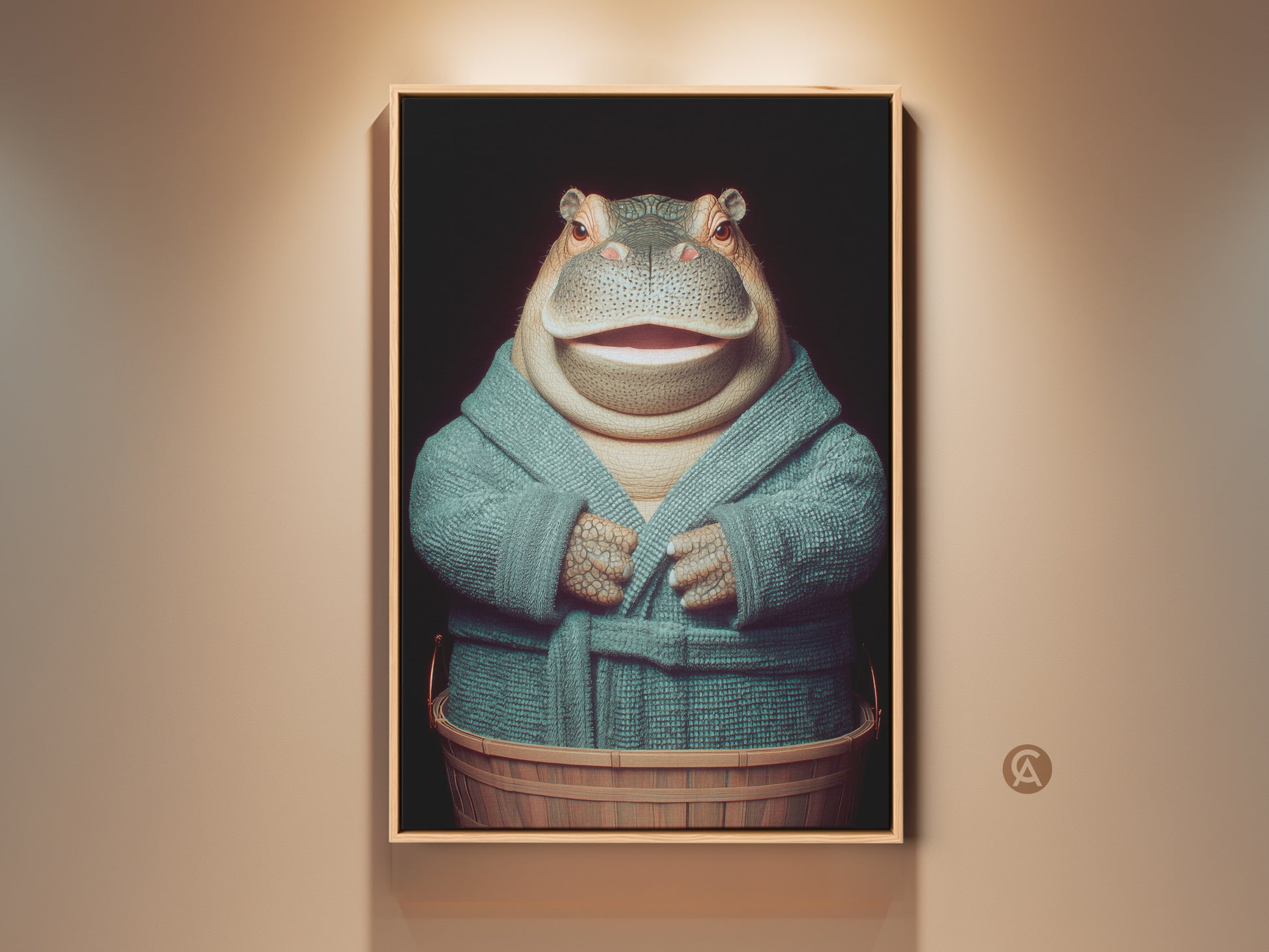 A framed art print features a hippopotamus in a teal robe. This surreal bathroom decor has brown and teal tones. The eclectic animal wall art is perfect as a gift for animal lovers. The hippo is in a wooden tub ready for bath time. Sophisticated animal art for your home.