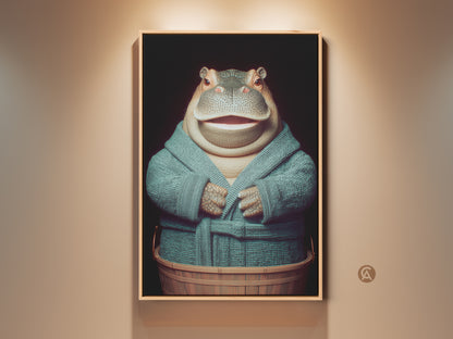 A framed art print features a hippopotamus in a teal robe. This surreal bathroom decor has brown and teal tones. The eclectic animal wall art is perfect as a gift for animal lovers. The hippo is in a wooden tub ready for bath time. Sophisticated animal art for your home.