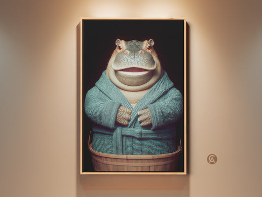 A framed art print features a hippopotamus in a teal robe. This surreal bathroom decor has brown and teal tones. The eclectic animal wall art is perfect as a gift for animal lovers. The hippo is in a wooden tub ready for bath time. Sophisticated animal art for your home.