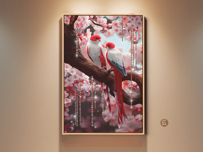 Framed Cherry Blossom Lovebird Art Print showcases two red and white birds. The birds perch on a blooming branch with hanging crystals. This botanical nature decor adds a romantic touch to any bedroom. It is a perfect anniversary gift.