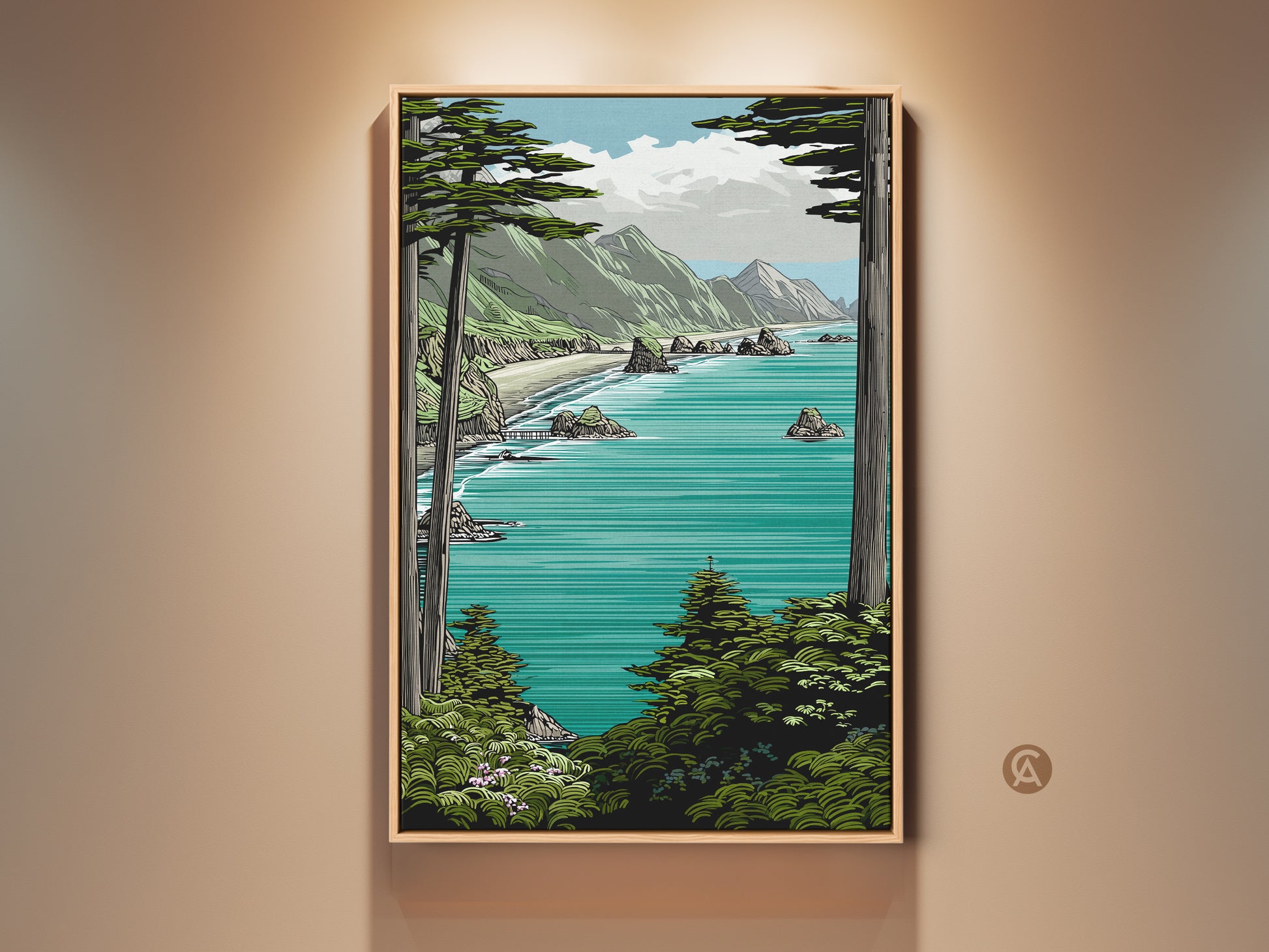 Framed teal aqua mountain landscape art print. The coastal ocean view wall decor brings seaside nature into your home. Perfect beach house gift for him or her adding coastal charm to any bedroom or living room.