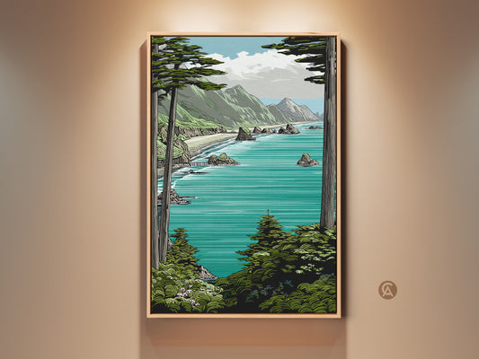 Framed teal aqua mountain landscape art print. The coastal ocean view wall decor brings seaside nature into your home. Perfect beach house gift for him or her adding coastal charm to any bedroom or living room.