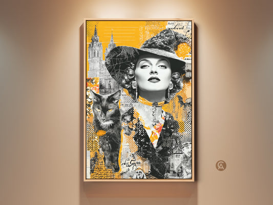 A mesmerizing framed artwork. It features a vintage-style witch with a black cat against an abstract yellow backdrop. The art blends gothic charm with modern aesthetics. Perfect for adding a touch of magic to your space