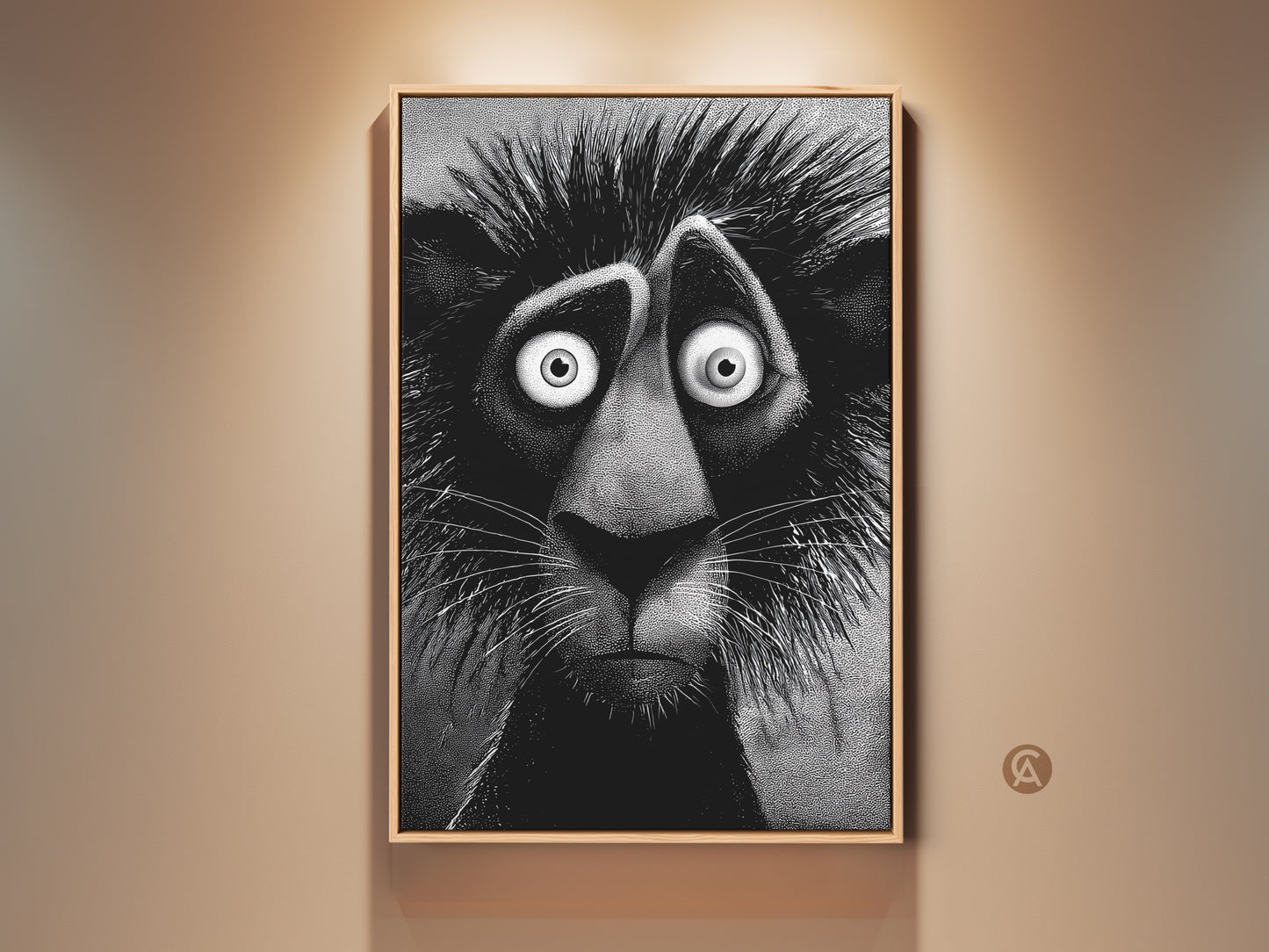 Framed black and white lion artwork. This unique artwork features a stylized lion with an anxious expression. The artwork adds character and charm to any room. Gallery ready; it will enhance your home decor.