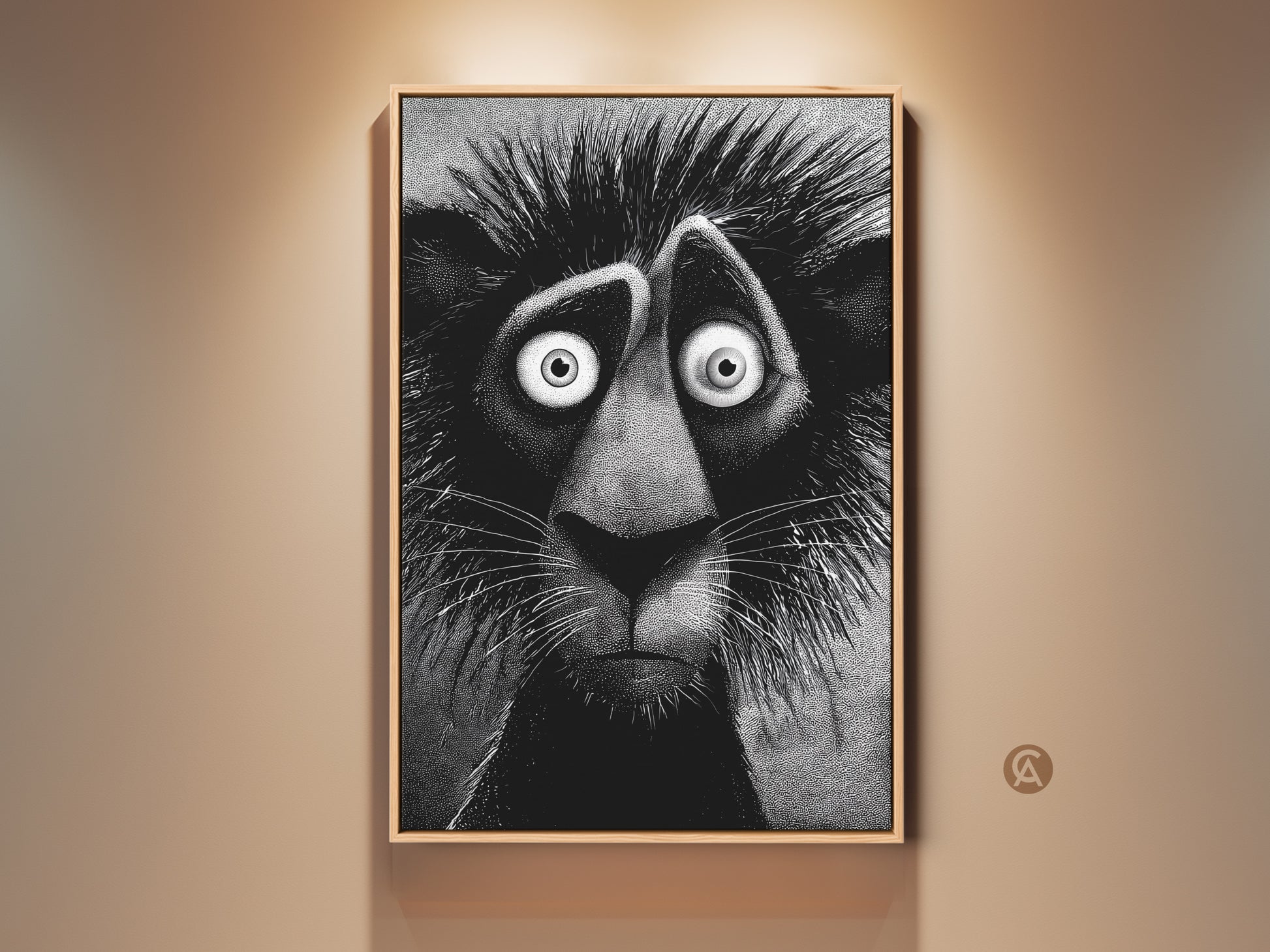 Framed black and white lion artwork. This unique artwork features a stylized lion with an anxious expression. The artwork adds character and charm to any room. Gallery ready; it will enhance your home decor.