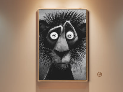Framed black and white lion artwork. This unique artwork features a stylized lion with an anxious expression. The artwork adds character and charm to any room. Gallery ready; it will enhance your home decor.