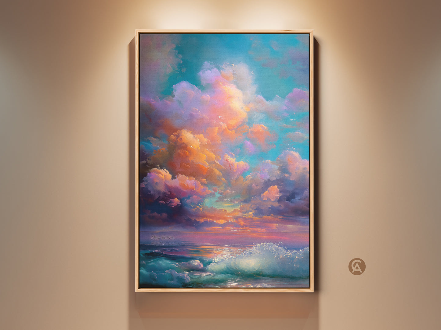 Impressionistic seascape canvas art in a wood frame. Dreamy clouds meet ocean waves. The sky features teal orange and purple hues. This boho bedroom decor brings a serene coastal charm.
