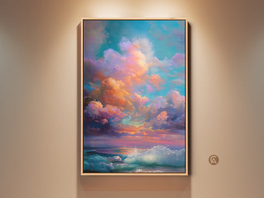 Impressionistic seascape canvas art in a wood frame. Dreamy clouds meet ocean waves. The sky features teal orange and purple hues. This boho bedroom decor brings a serene coastal charm.