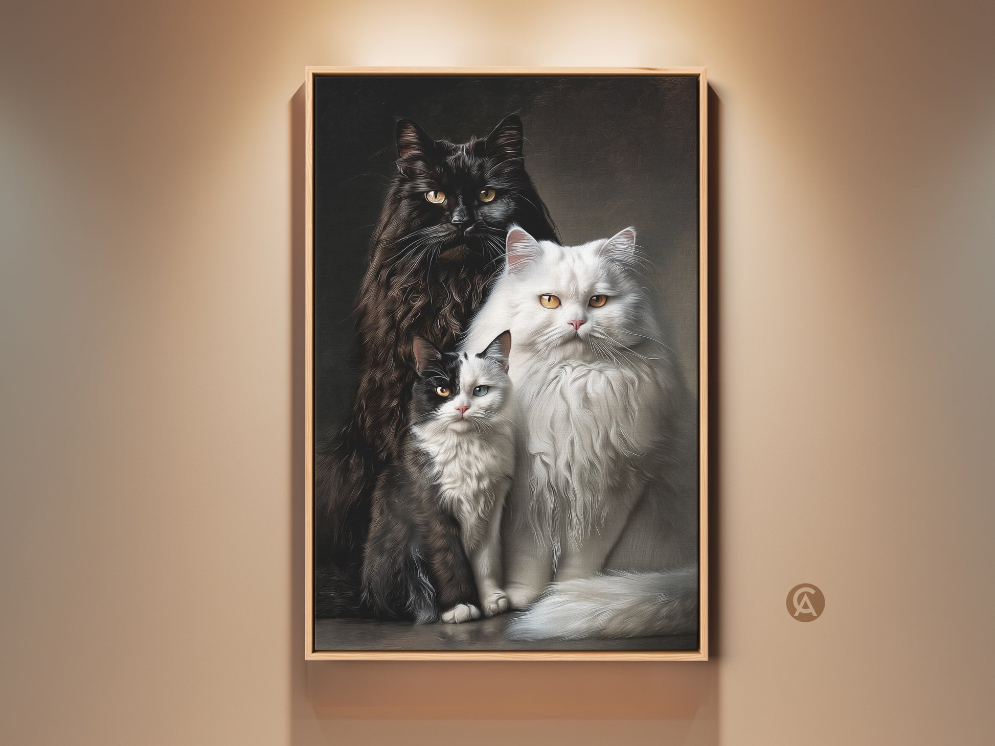 A framed fine art painting of three fluffy cats hangs on a beige wall. A black cat stands behind a white cat and a black and white kitten. This animal art adds warmth to any room. Buy cat art today.