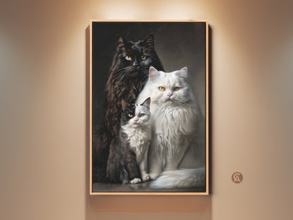 A framed fine art painting of three fluffy cats hangs on a beige wall. A black cat stands behind a white cat and a black and white kitten. This animal art adds warmth to any room. Buy cat art today.