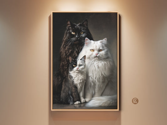 A framed fine art painting of three fluffy cats hangs on a beige wall. A black cat stands behind a white cat and a black and white kitten. This animal art adds warmth to any room. Buy cat art today.