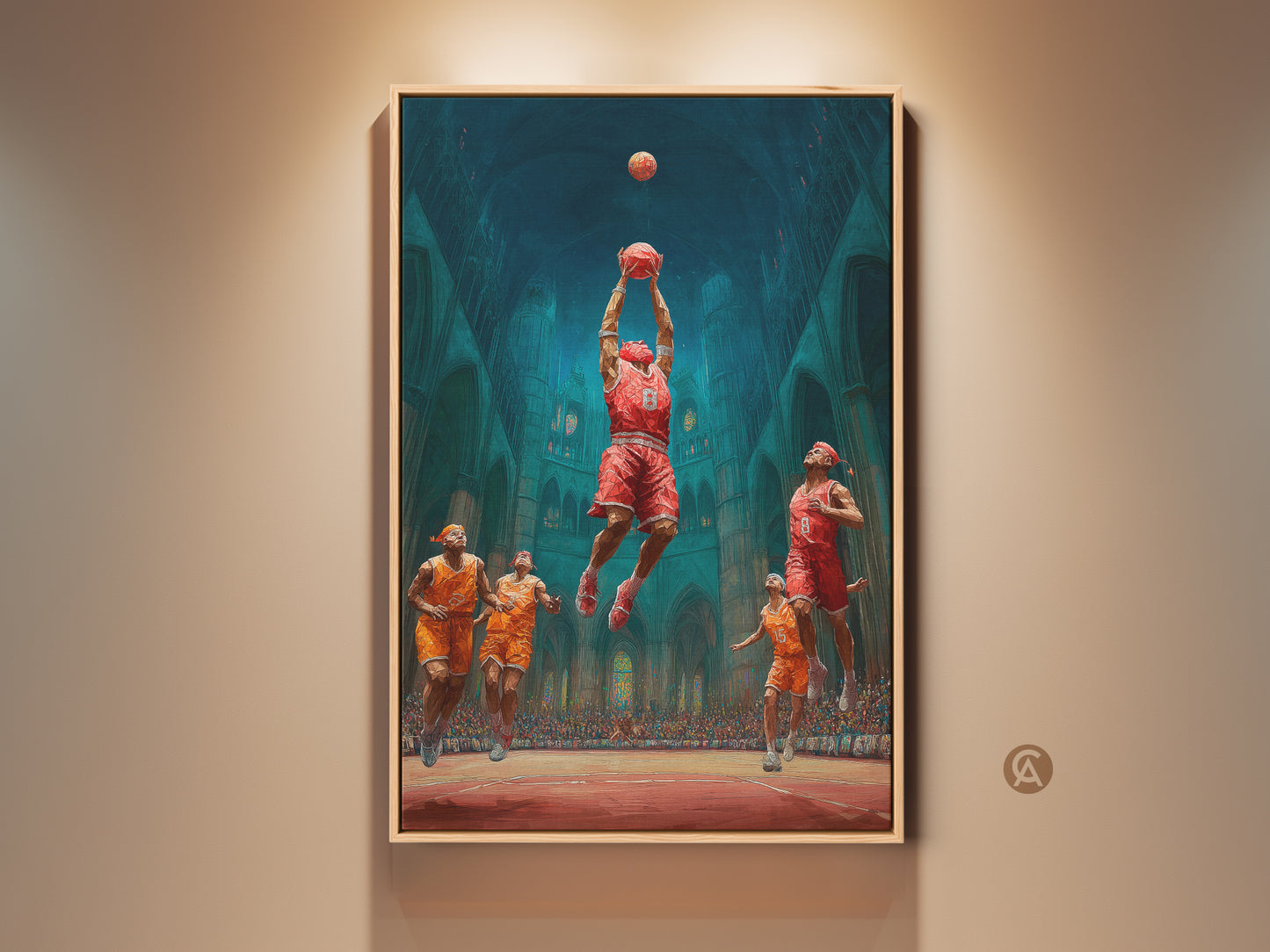 This canvas art print features a basketball dunk in a gothic cathedral. The artwork combines sports with architecture. It has red orange and teal colors. It is perfect as teen room decor or a basketball gift for a man cave.