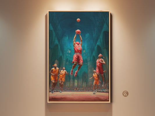 This canvas art print features a basketball dunk in a gothic cathedral. The artwork combines sports with architecture. It has red orange and teal colors. It is perfect as teen room decor or a basketball gift for a man cave.