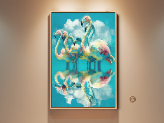 Abstract flamingo art displayed in a living space. This canvas print features pink and teal hues. It is a tropical bird wall art piece. The artwork adds an eclectic touch to home decor. A bright and colorful focal point.