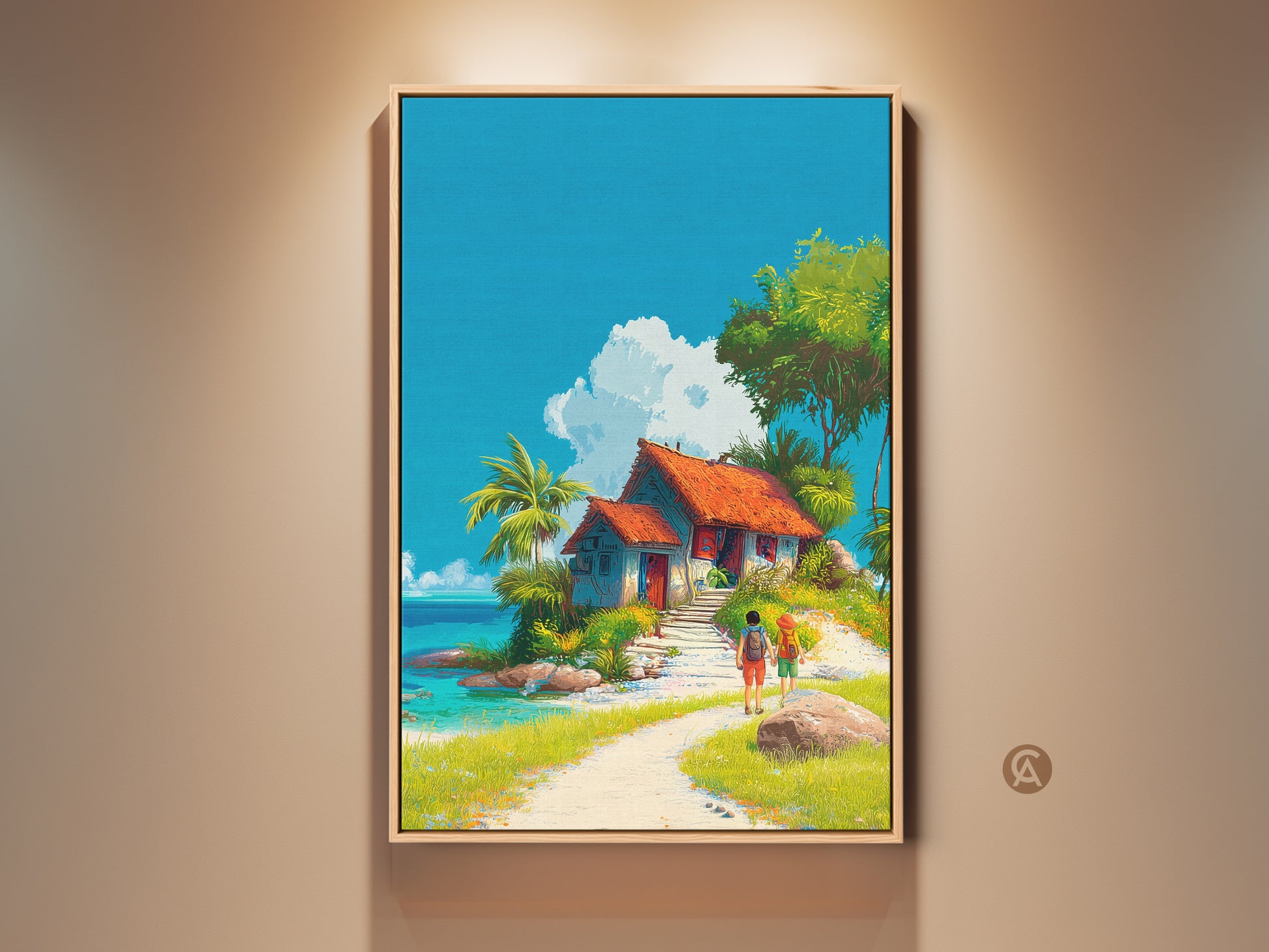 Framed tropical island art print. A vibrant artwork featuring a beach house scene. The art captures a sunny day with palm trees. Two figures walk towards a cozy home. Perfect wall art for coastal decor. Buy this framed artwork for your home.