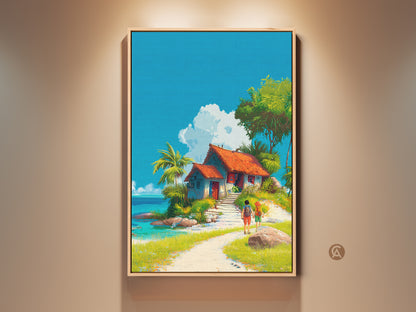 Framed tropical island art print. A vibrant artwork featuring a beach house scene. The art captures a sunny day with palm trees. Two figures walk towards a cozy home. Perfect wall art for coastal decor. Buy this framed artwork for your home.