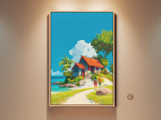 Framed tropical island art print. A vibrant artwork featuring a beach house scene. The art captures a sunny day with palm trees. Two figures walk towards a cozy home. Perfect wall art for coastal decor. Buy this framed artwork for your home.