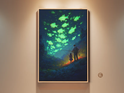 Emerald green and teal blue art print featuring a father and daughter fishing. This deep blue fantasy wall art shows a magical scene with glowing fish. Experience this unique adventure artwork.
