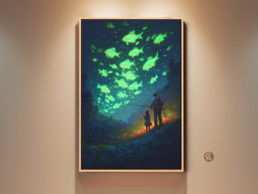 Emerald green and teal blue art print featuring a father and daughter fishing. This deep blue fantasy wall art shows a magical scene with glowing fish. Experience this unique adventure artwork.