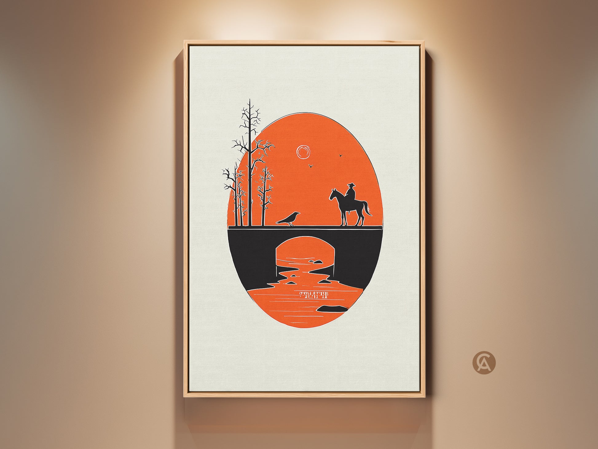 Mid-Century Modern cowboy art print for entry hall decor. This retro orange and black bridge landscape canvas wall art features a cowboy on horseback. It's a unique housewarming gift with a minimalist western style. The artwork adds a touch of adventure to any room. Perfect for lovers of vintage cowboy art and scenic landscapes.