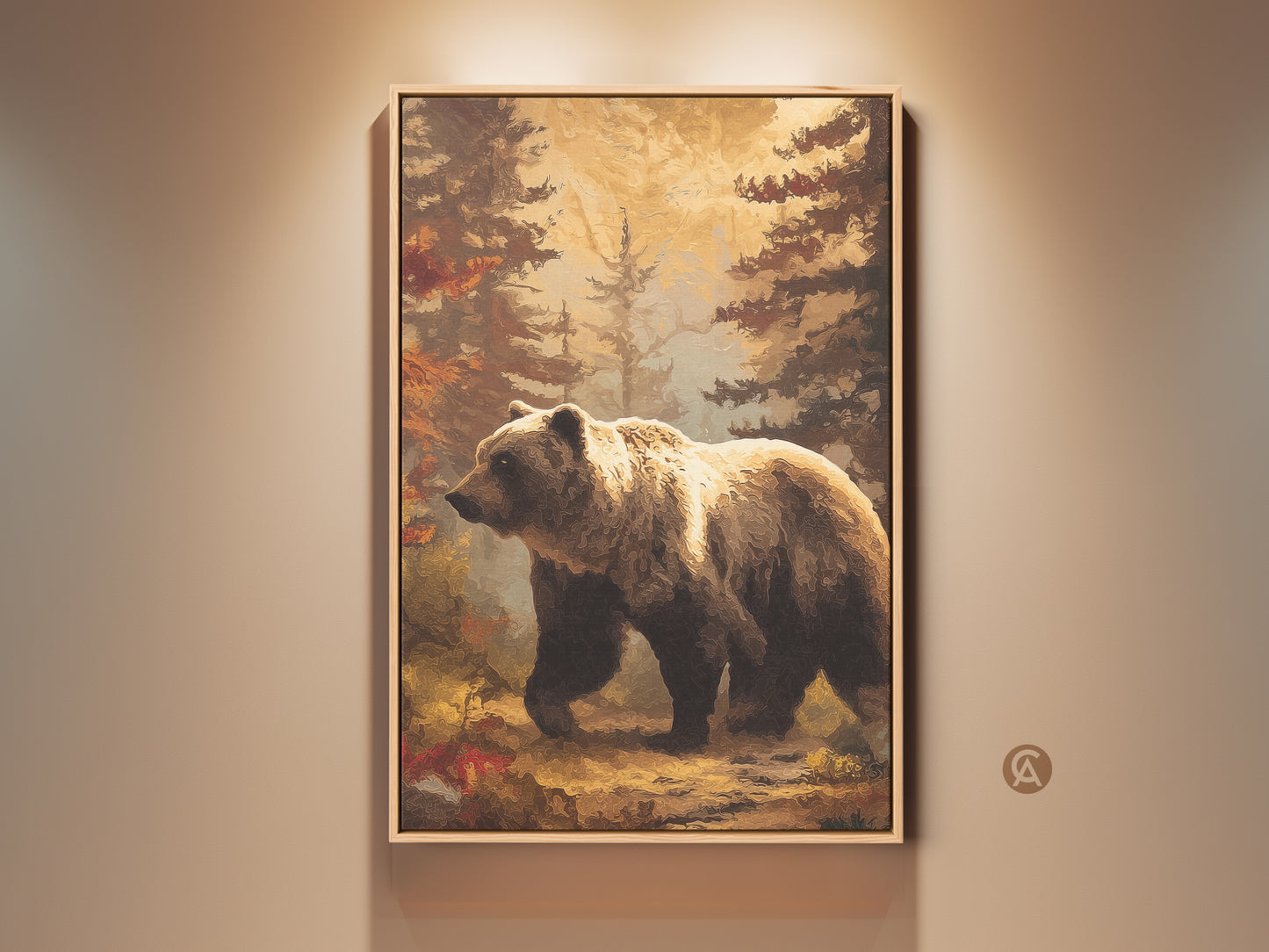 Rustic bear in forest canvas art is displayed in a well lit room. The golden brown woodland landscape print adds wildlife animal painting style wall decor. A perfect housewarming gift.