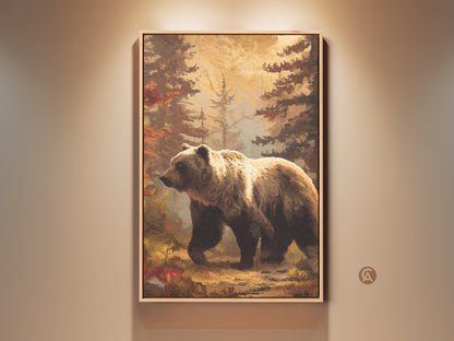 Rustic bear in forest canvas art is displayed in a well lit room. The golden brown woodland landscape print adds wildlife animal painting style wall decor. A perfect housewarming gift.