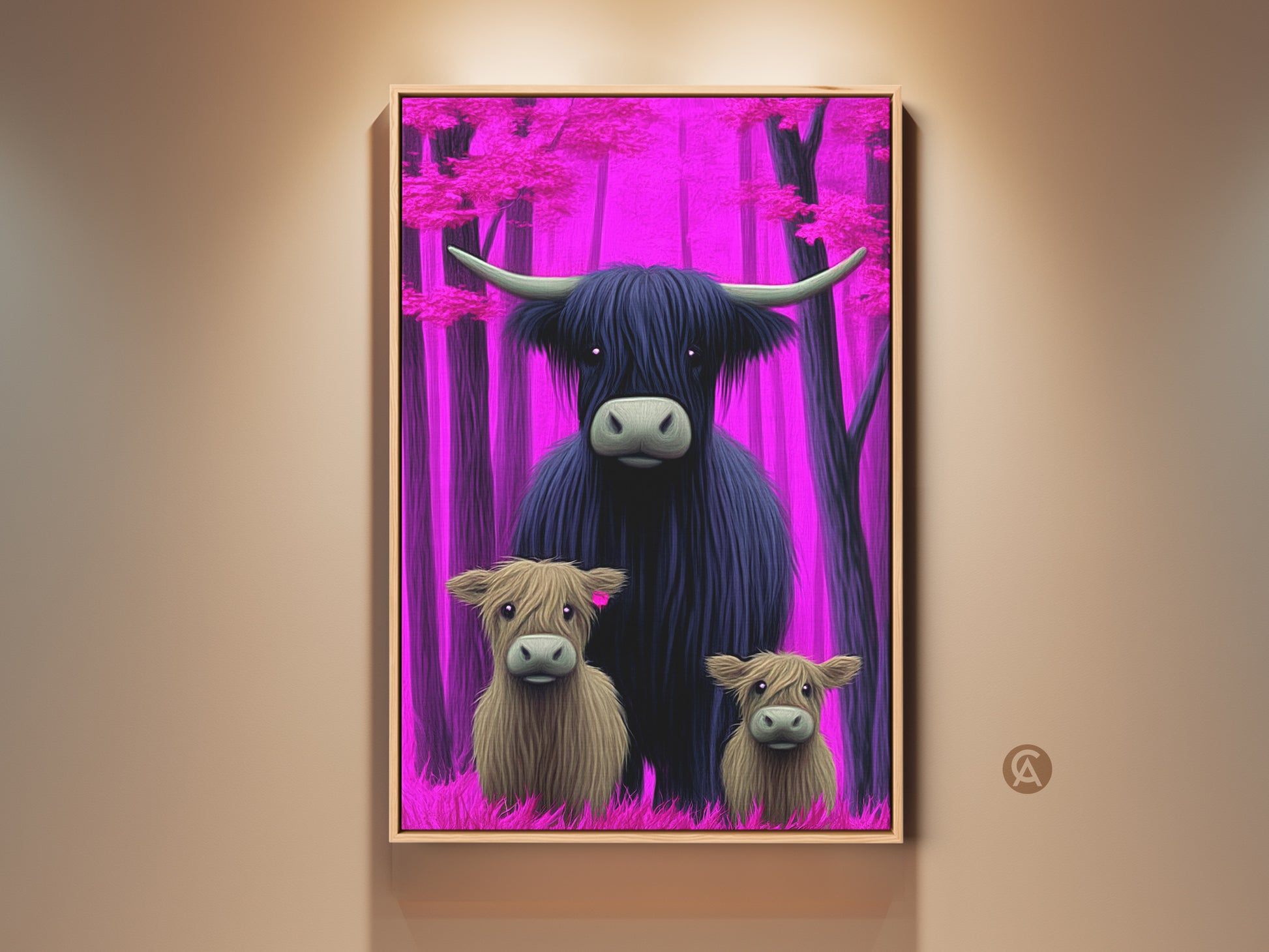 Fantasy Highland Cow family art in a pink purple forest. This canvas art features a whimsical highland cow mom with her two calves. Add eclectic home decor with this unique animal art print. A perfect gift for animal lovers.