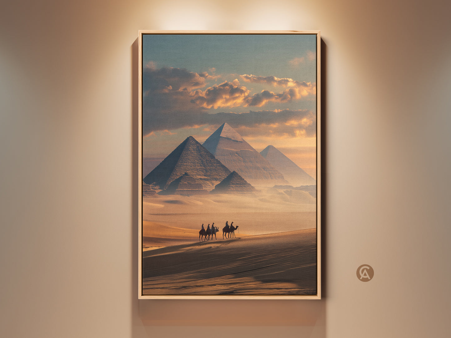 Experience the allure of ancient Egypt. This photorealistic canvas artwork features the iconic pyramids. A camel caravan treks across the sandy desert. The sandy yellow and teal palette adds a touch of warmth. This travel-themed print brings history to your entry hall.