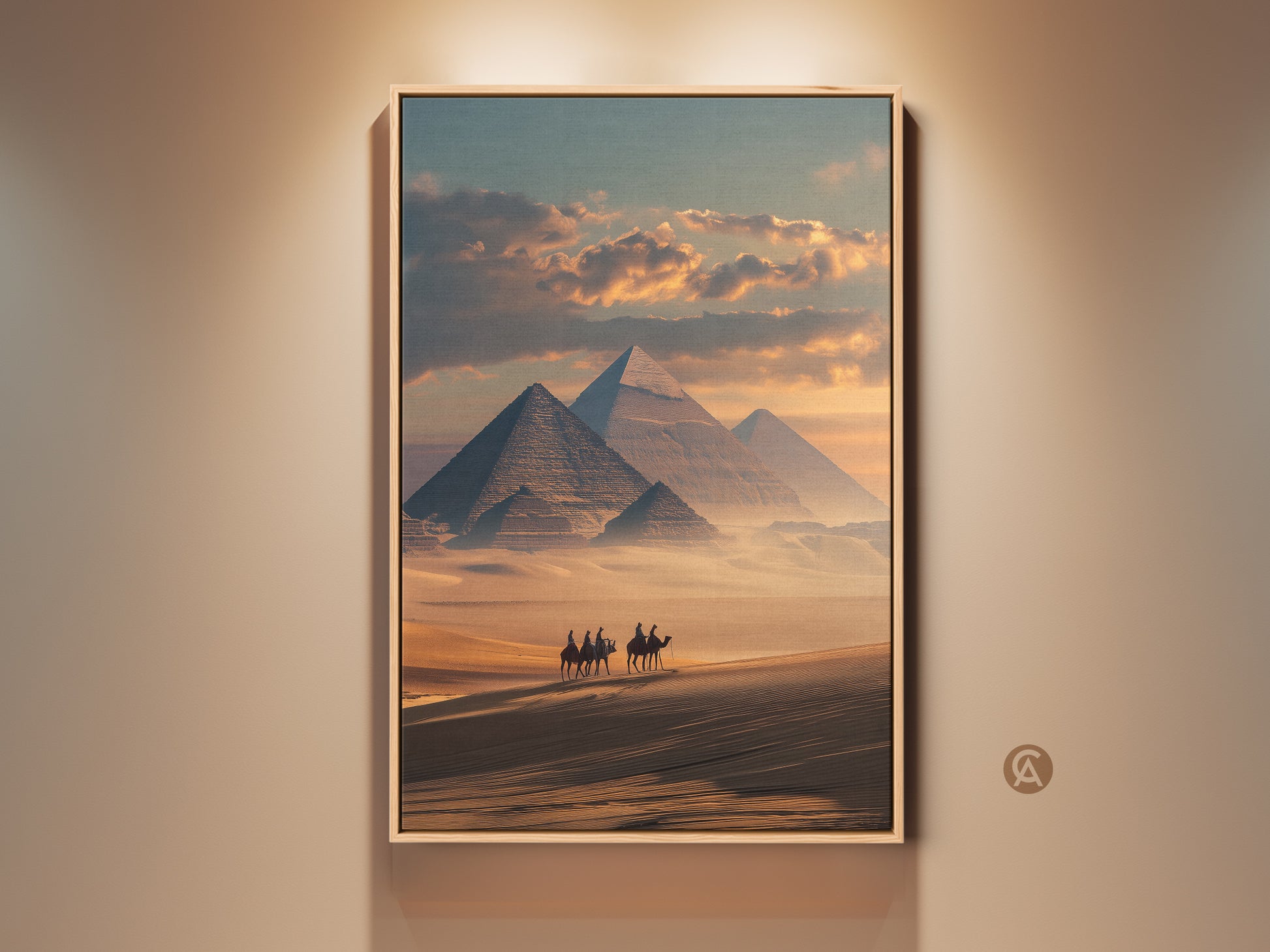 Experience the allure of ancient Egypt. This photorealistic canvas artwork features the iconic pyramids. A camel caravan treks across the sandy desert. The sandy yellow and teal palette adds a touch of warmth. This travel-themed print brings history to your entry hall.