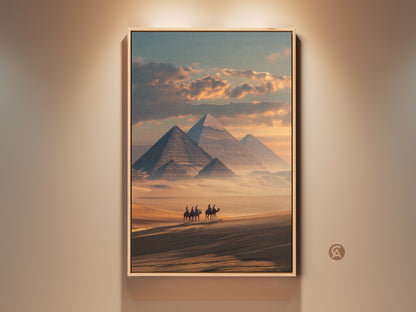 Experience the allure of ancient Egypt. This photorealistic canvas artwork features the iconic pyramids. A camel caravan treks across the sandy desert. The sandy yellow and teal palette adds a touch of warmth. This travel-themed print brings history to your entry hall.