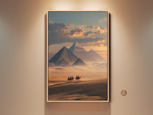 Experience the allure of ancient Egypt. This photorealistic canvas artwork features the iconic pyramids. A camel caravan treks across the sandy desert. The sandy yellow and teal palette adds a touch of warmth. This travel-themed print brings history to your entry hall.