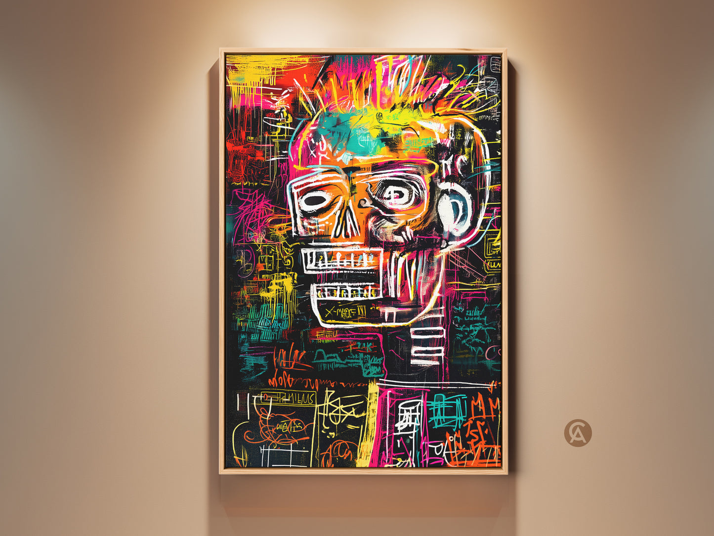 Contemporary wall art featuring a vibrant skull artwork. This striking piece uses bold colors and intricate line work. It's a modern statement piece perfect for adding an edgy touch to any room. The artwork is set against a neutral wall enhancing its visual impact.
