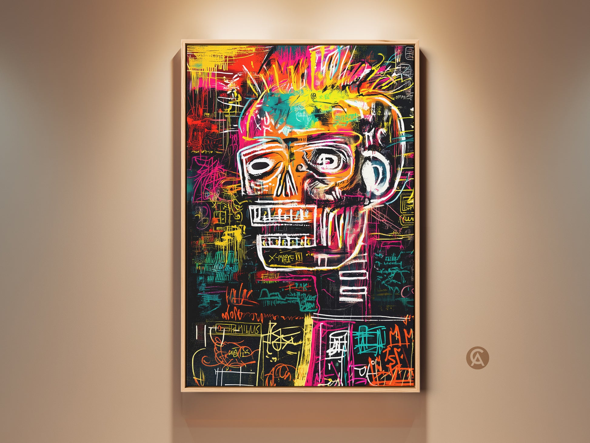 Contemporary wall art featuring a vibrant skull artwork. This striking piece uses bold colors and intricate line work. It's a modern statement piece perfect for adding an edgy touch to any room. The artwork is set against a neutral wall enhancing its visual impact.