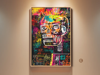 Contemporary wall art featuring a vibrant skull artwork. This striking piece uses bold colors and intricate line work. It's a modern statement piece perfect for adding an edgy touch to any room. The artwork is set against a neutral wall enhancing its visual impact.