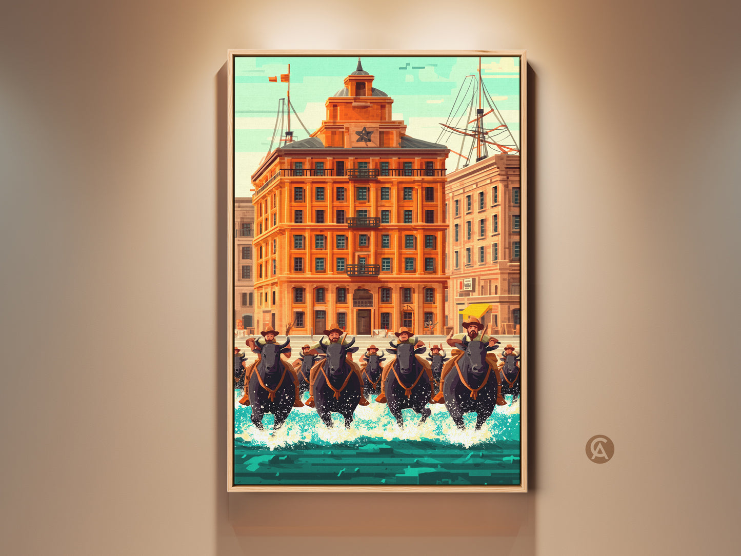 Retro Futurism bull rider art print. This eclectic wall decor features bull riders and an orange building. Perfect for an office or den looking for a unique western inspired art piece.